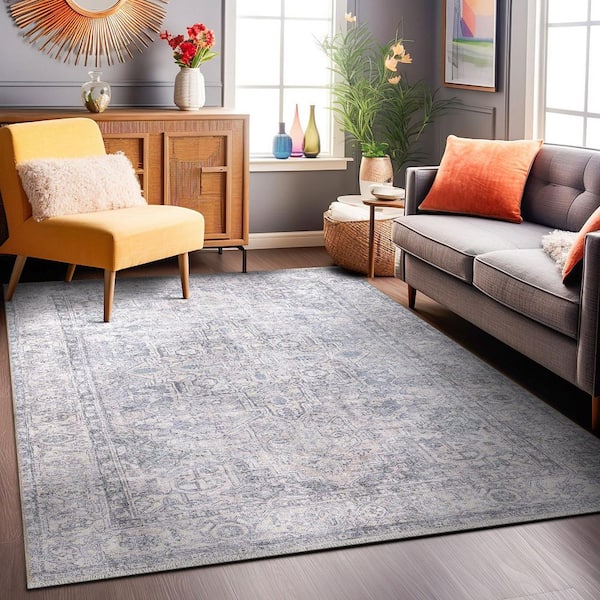 Distessed Medallion Machine Washable Blue 5 ft. x 7 ft. Area Rug