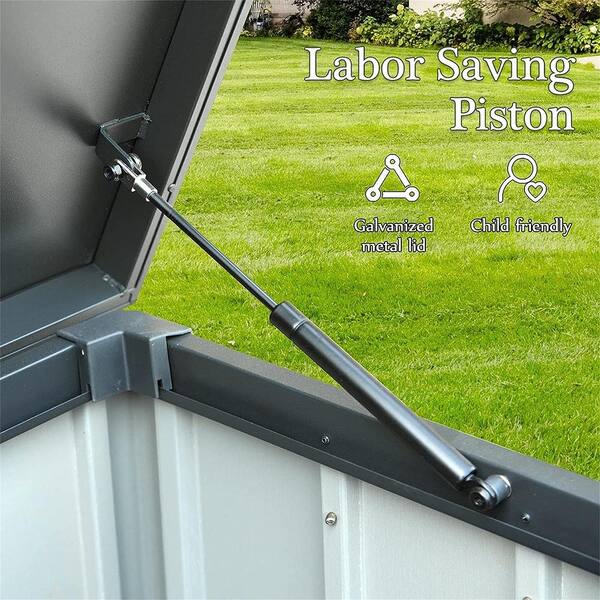 BTMWAY - 150 Gal. Dark Gray Metal Outdoor Storage Deck Box Storage Box Waterproof with Hydraulic Rod, Caster, Slight Slope Design