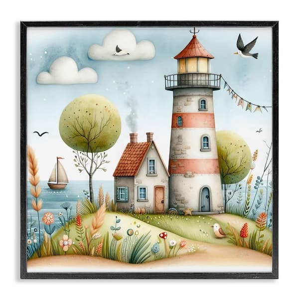 Stupell Industries Nautical Lighthouse Whimsy by LSR Design Studio Black Framed Coastal Giclee Art Print 24 in. x 24 in.