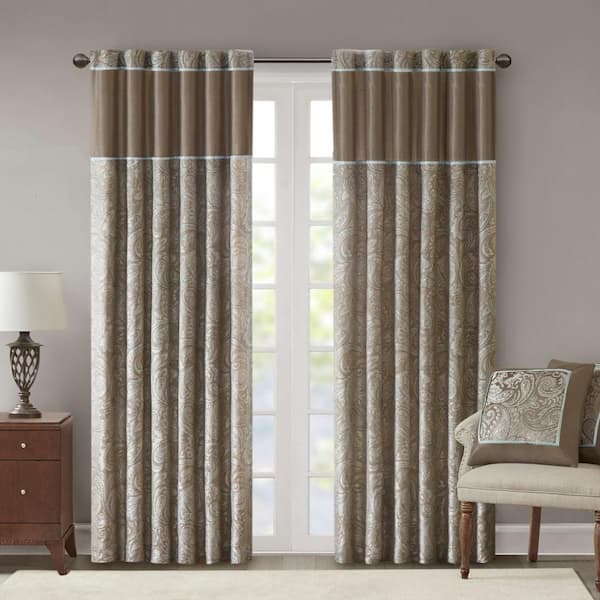 Madison Park Blue Brown Jacquard Rod, Light Brown Curtains For Living Room