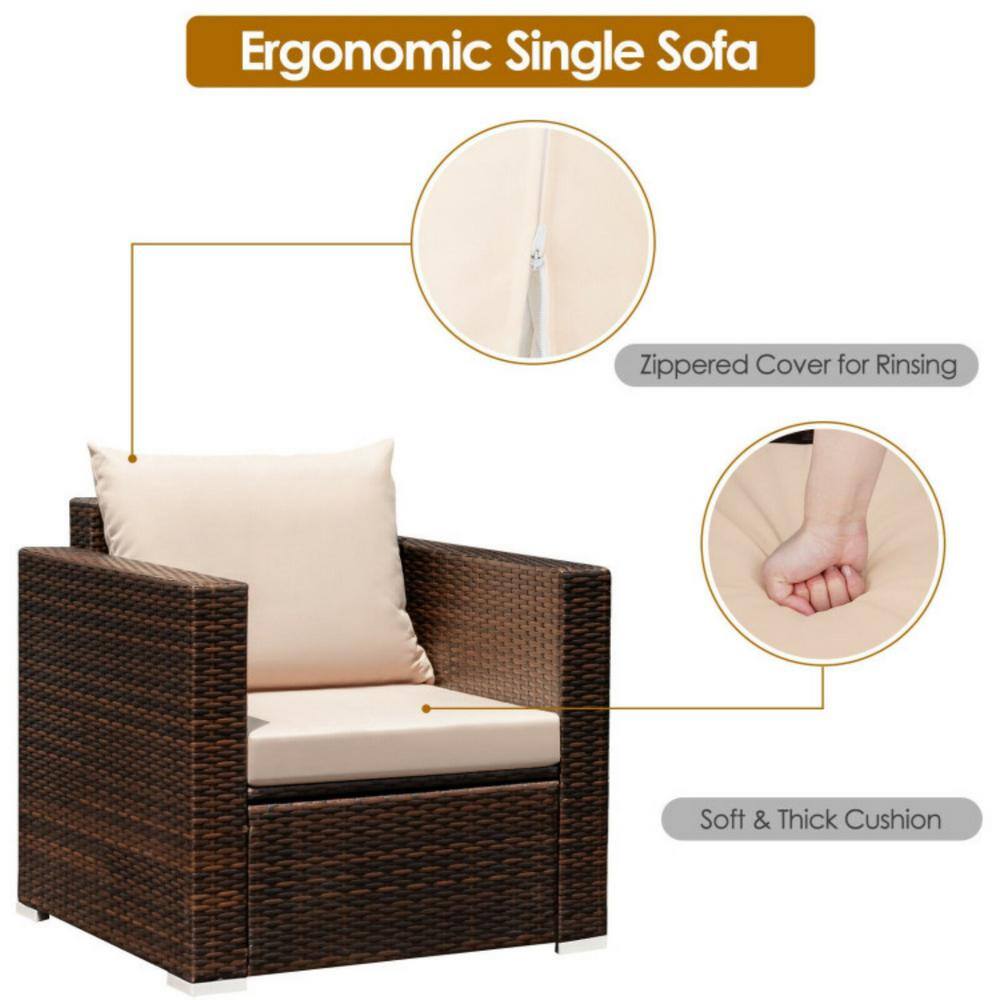 Beige 3-Piece Rattan Patio Conversation Set with Cushions