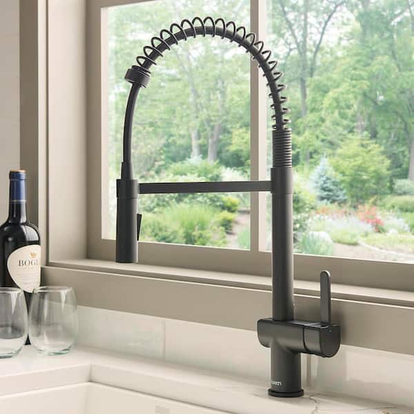 Seneca Matte Black 20.33 in. H Single Handle Spiral Spring Pull Down Sprayer Kitchen Faucet with 360° Spout Swivel