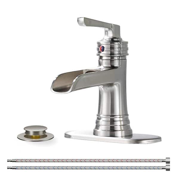Waterfall Single Hole Single Handle Bathroom Faucet with Metal Pop-Up Drain, Bathroom Sink Faucet in Brushed Nickel