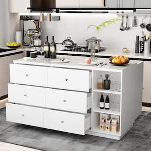 White Wood 63 in. W Kitchen Island Dining Bar Table Sideboard with Marble Countertop, Door Cabinets, 6-Drawers