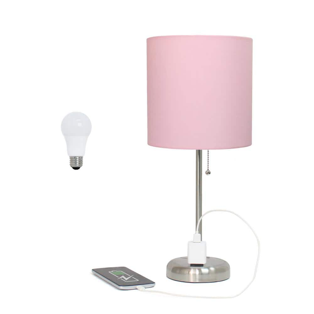 Creekwood home Oslo 19.5 in. Contemporary Bedside Power Outlet Base Metal Table Lamp in Brushed Steel, Light Pink Shade, with LED Bulb