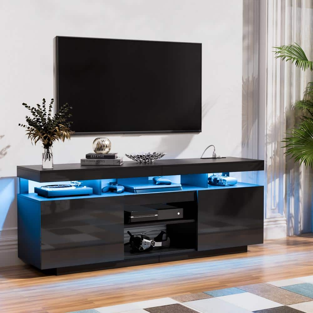 Hommpa 63.78 in. Modern Black TV Stand Fits TVs up to 70 in. with RGB ...