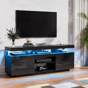 63.78 in. Modern Black TV Stand Fits TVs up to 70 in. with RGB LED Light Strip and Outlets