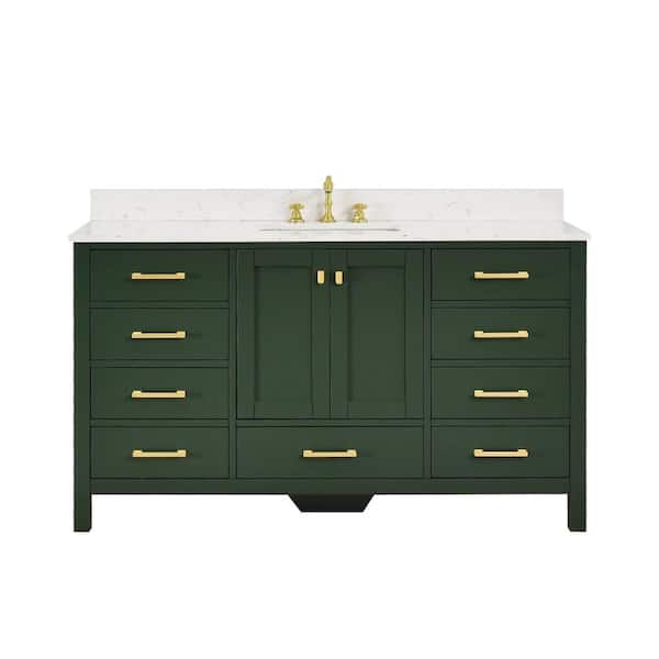 Enliven 60 in. Single Sink Freestanding Forest Green Bath Vanity with White Engineered Stone Top