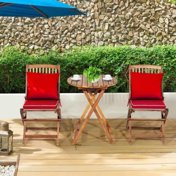 Outdoor 3 Pieces Acacia Wood Patio Folding Bistro Set with Padded Cushion and Round Coffee Table