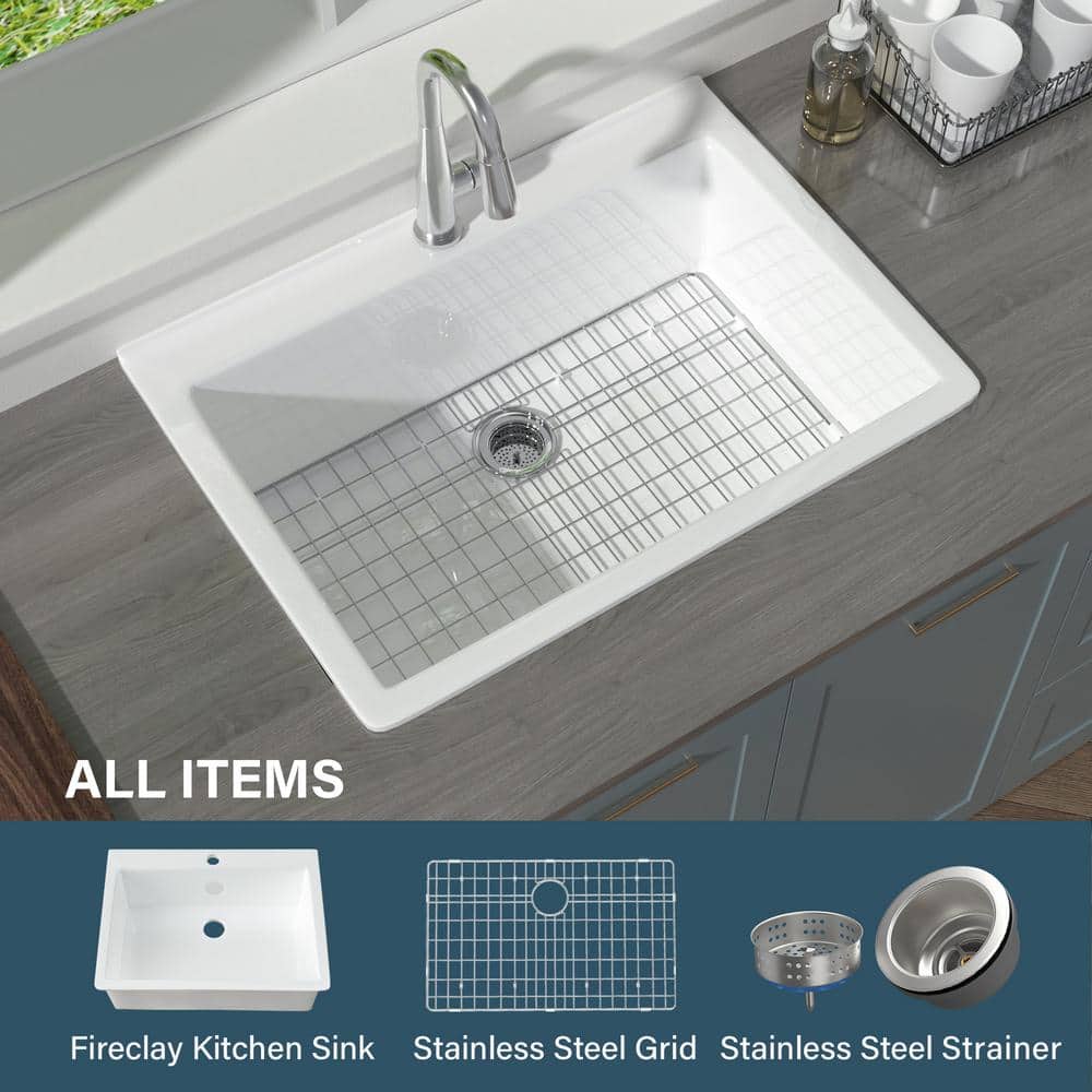 30'' Glossy White Fireclay Drop-In Single Bowl Kitchen Sink