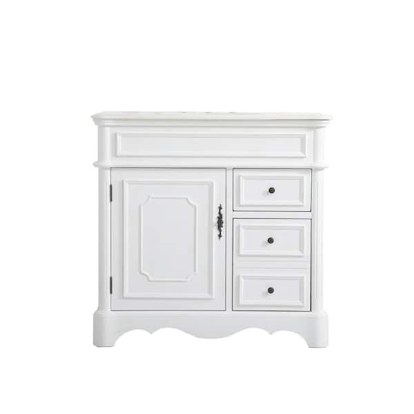 Unbranded Simply Living 36 in. W x 21.5 in. D x 35 in. H Bath Vanity in Antique White with White Marble Top