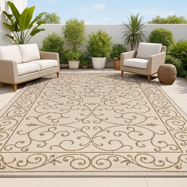 Charleston Vintage Filigree Textured Weave Beige/Brown 9 ft. x 12 ft. Indoor/Outdoor Area Rug