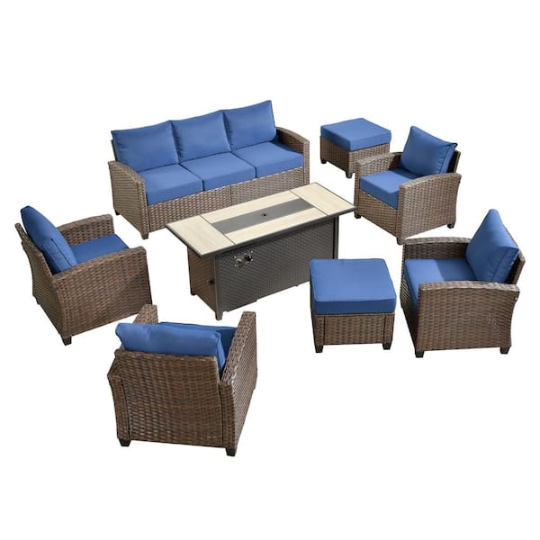 Palermo Brown 8-Piece Wicker Outdoor Modular Patio Furniture Sofa Set with Metal Fire Pit and Navy Blue Cushions