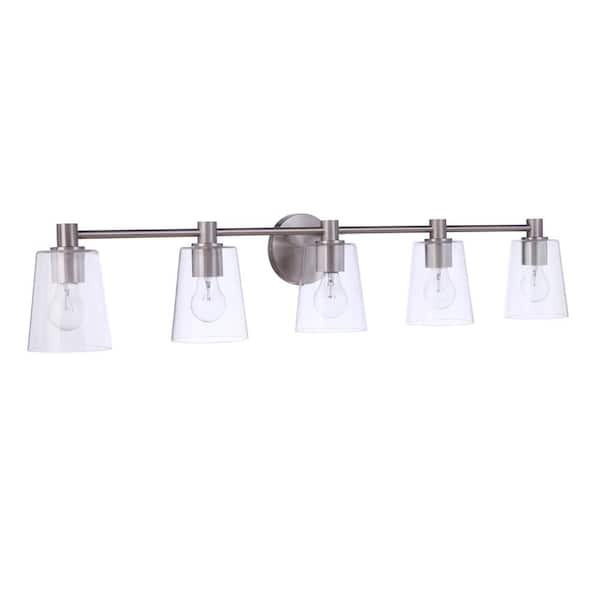 Emilio 42 in. 5-Light Brushed Polished Nickel Finish Vanity Light with Clear Glass Shade