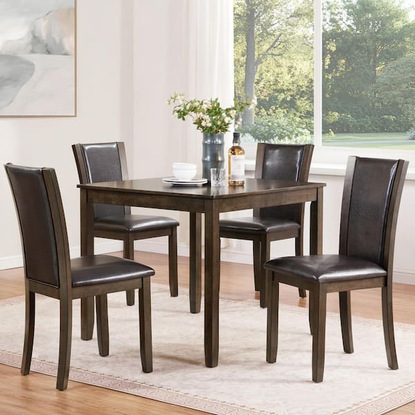 Fioren Modern 5-Piece Square MDF Top Dining Table Set with Faux Leather Upholstered Chairs, Dark Walnut Plus Dark Brown