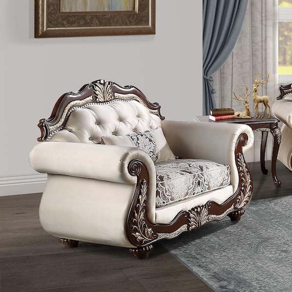Acme Furniture Pierce Beige Fabric and Cherry Finish Arm Chair with Pillow