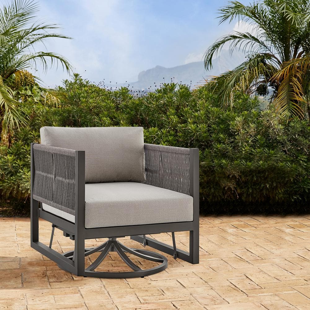 Cuffay Swivel Brown Metal Outdoor Lounge Chair with Brown Cushions