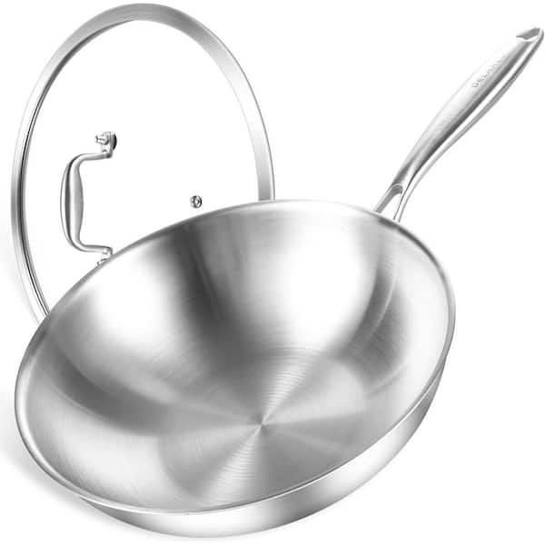 13 in. Stainless Steel Wok Pan with Lid Tri-Ply Deep Saute Pan Even Heating Oven Safe Dishwasher Safe for All Cooktops