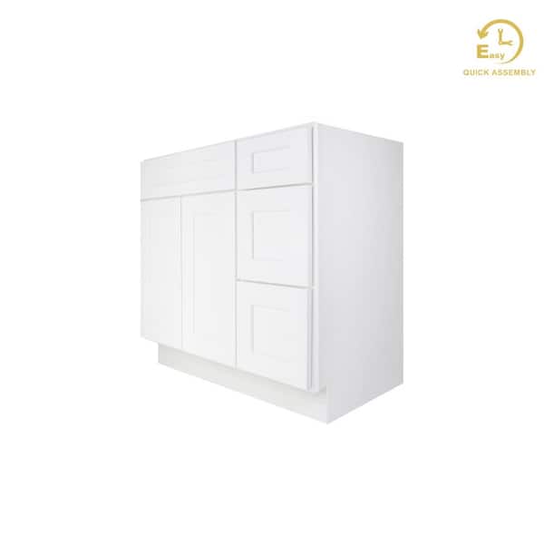 RoomyLife Easy-DIY Combo Bases - Drawers Right 36 in. W x 21 in. D x 34.5 in. H Bath Vanity Cabinet without Top in Shaker White