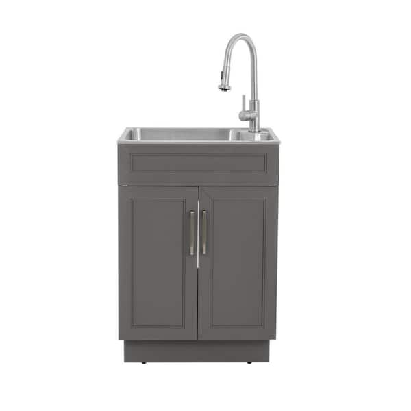 24 in. Drop-in Stainless Steel Laundry Sink with Cabinet Ready to Assemble in Gray with Pull-Down Faucet