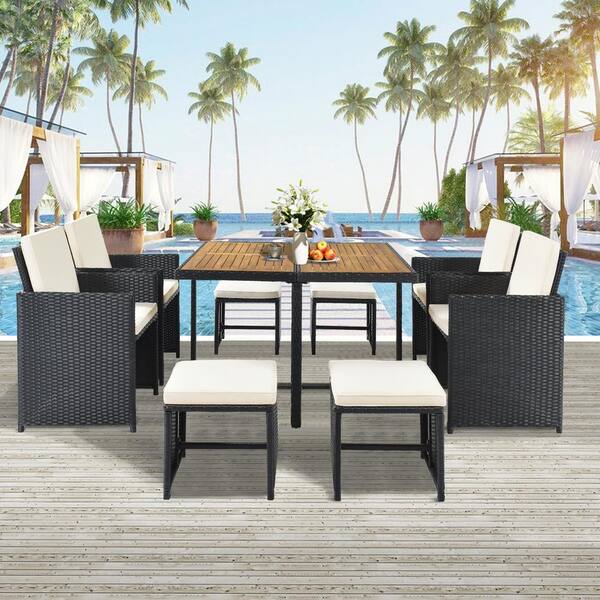 Tenleaf 9-Piece Black Wicker Outdoor Dining Set with Beige Cushions, Wood Tabletop