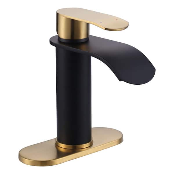 ARCORA Waterfall Single Handle Single Hole Bathroom Faucet with Deckplate Included Supply Lines in Black and Gold