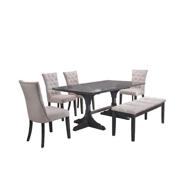 Best Quality Furniture Anderson 6-Piece Rectangular Wood Dining Table Set Beige Linen Fabric Chairs and Bench