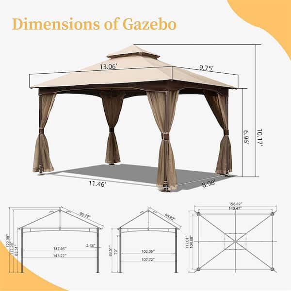 9.75 ft.X13 ft. Outdoor Steel Gazebo with 2-Tier Waterproof Polyester Canopy and Mosquito Netting for Patio Garden Lawns