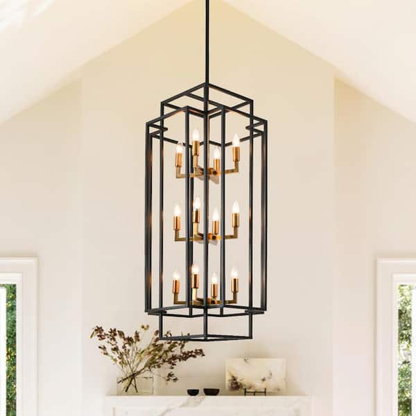 Magic Home 12-Light Modern Black Antique Gold Lantern Tiered Foyer Hanging Ceiling Chandelier for Living Room Dining Room