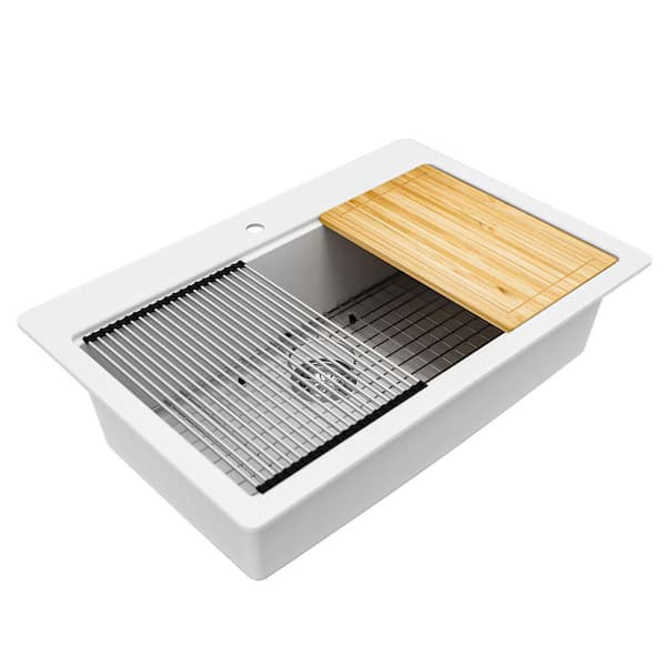 33 in. Drop-in Single Bowl White Granite Composite Workstation Kitchen Sink with Accessories