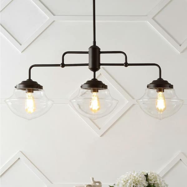 JONATHAN Y Avery 37.5 in. 3-Light Industrial Farmhouse Rustic Iron/Glass Linear LED Pendant, Oil Rubbed Bronze/Clear