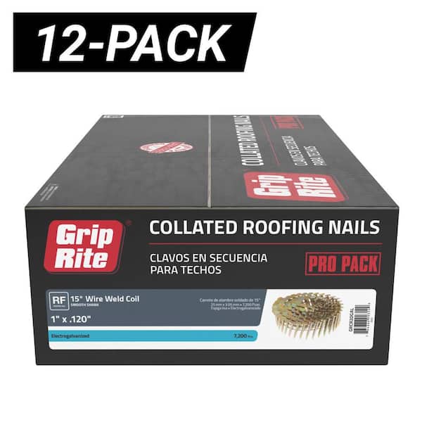 12-Pack 1 in. x 0.120 in. Gauge 15° Wire Collated Electrogalvanized Smooth Shank Coil Roofing Nails (86400/Bundle)