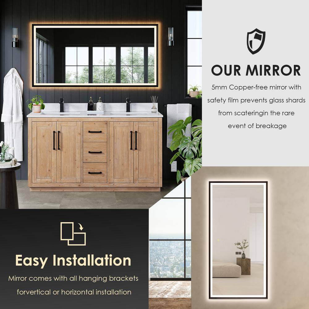 Cicero 60" Light Brown Fir Wood Vanity with White Stone Top and Mirror