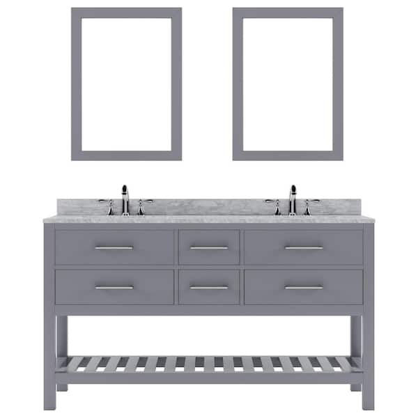 Virtu USA Caroline Estate 60 in. W x 22 in. D x 34 in. H Double Sink Bath Vanity in Gray with Marble Top and Mirror
