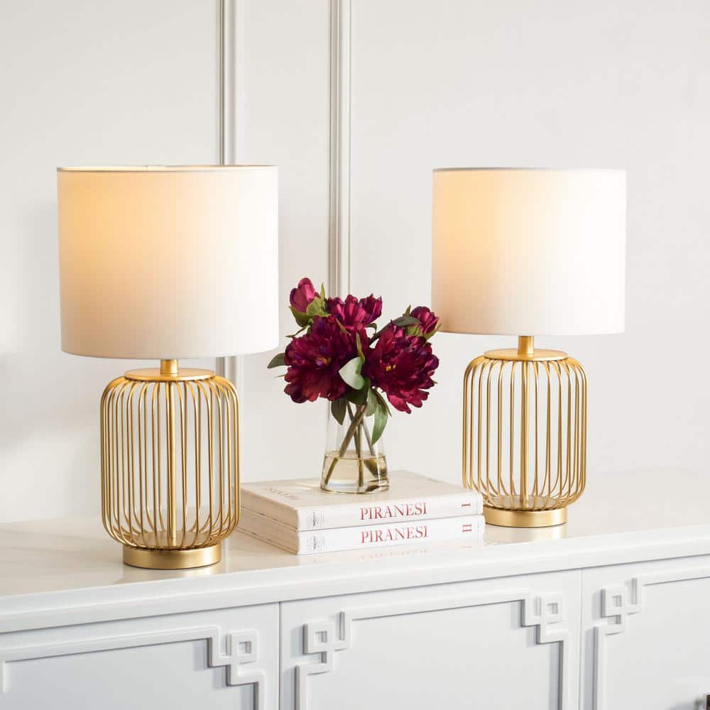 Portlia 21.3" Gold Metal Table Lamp Set with White Shades
