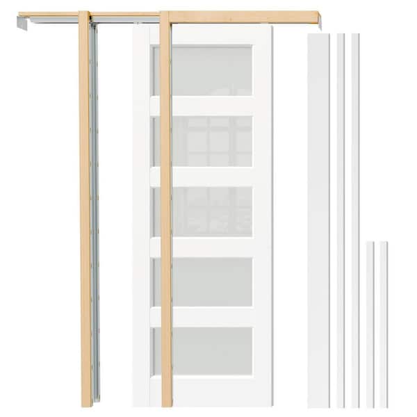 32 in. x 80 in. 5 Lite Frosted Glass White Primed Wood Door Slab with Pocket Door Frame Kit and Jamb, Pantry Door