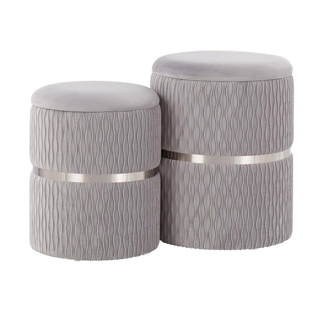 Silver Velvet and Chrome Round Nesting Ottoman Set