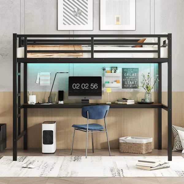 Black Twin XL Metal Loft Bed with Desk and Charging Station, Heavy Duty Loft Bed Frame with LED Light for Adults, Kids