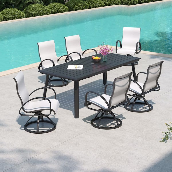 7 Pieces 82.7 in. Patio Aluminum Outdoor Dining Set with Umbrella Hole, 360° Rotating Dining Chair in Augustine Oyster
