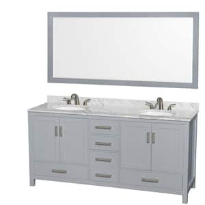 Sheffield 72 in. W x 22 in. D x 35 in. H Double Bath Vanity in Gray with White Carrara Marble Top and 70" Mirror