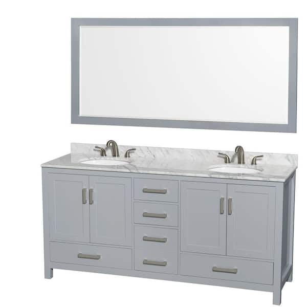 Wyndham Collection Sheffield 72 in. W x 22 in. D x 35 in. H Double Bath Vanity in Gray with White Carrara Marble Top and 70" Mirror