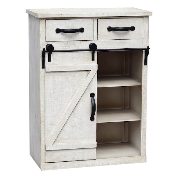 Distressed White Wood Storage Cabinet with 1 Sliding Barn Door
