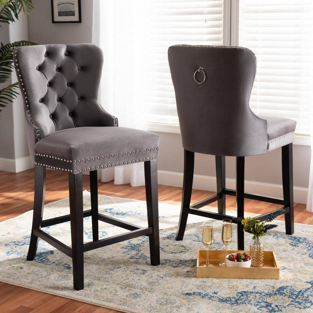 Gray Velvet and Dark Brown Wood Quilted Counter Stools, Set of 2