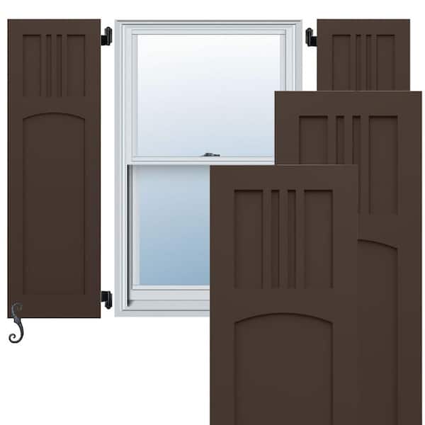 Ekena Millwork Endura Core San Miguel Mission Style 12 in. W x 25 in. H Raised Panel Composite Shutters Pair in Raisin Brown