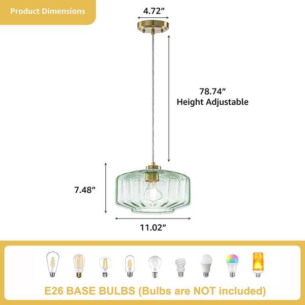 TinHon Modern Brass Green Glass Pendant Light for Kitchen Island