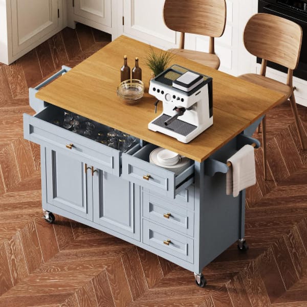 PDTEND Blue Grey MDF Wood 52 in. W Embossed Texture Kitchen Island with Drop Leafon Wheels with Spice Rack and Towel Rack