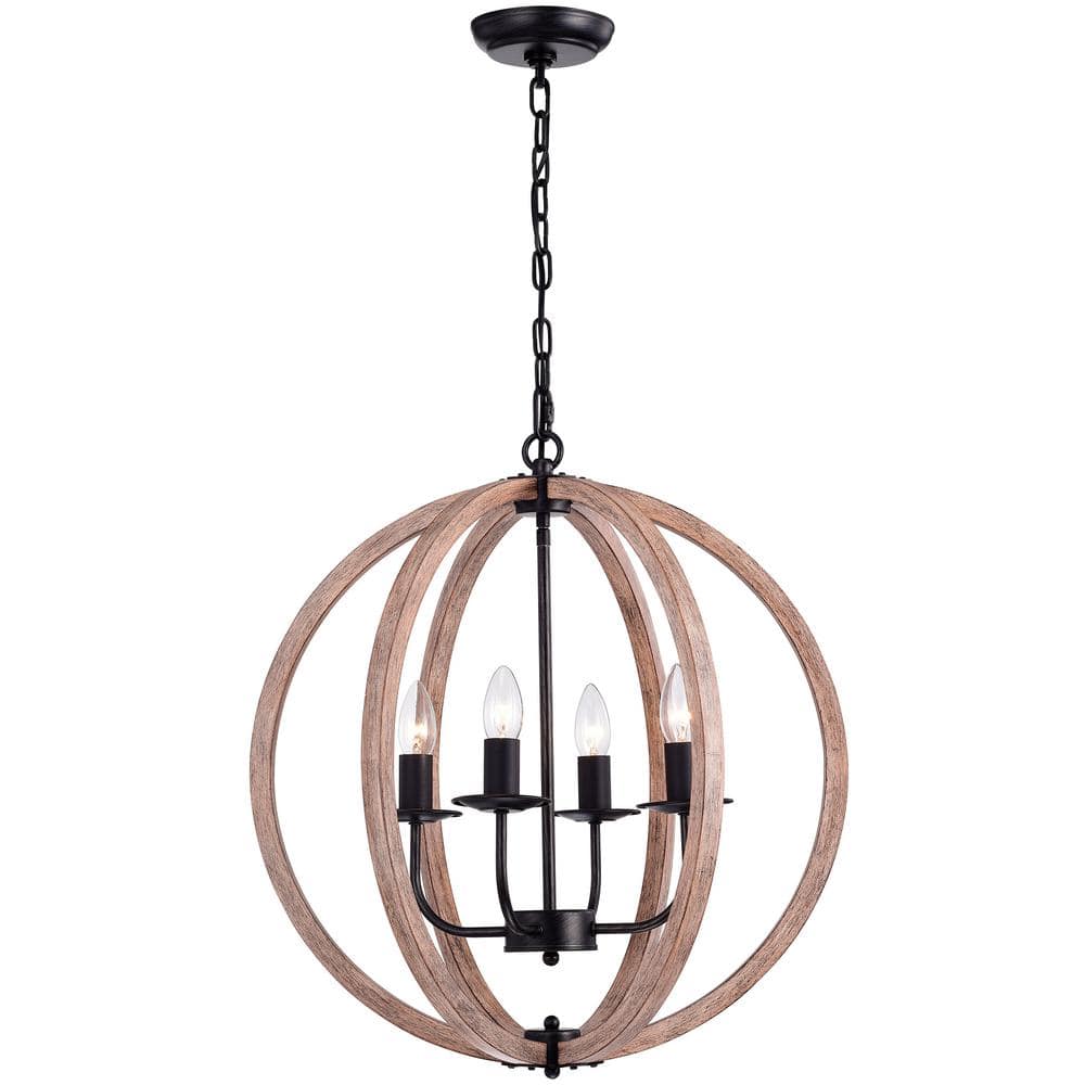Antique Black and Natural Wood Orb Chandelier with Candle Lights