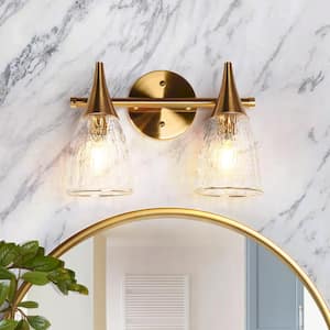 Modern 13 in. 2-Light Plated Brass Vanity Light with Clear Water Glass Shades