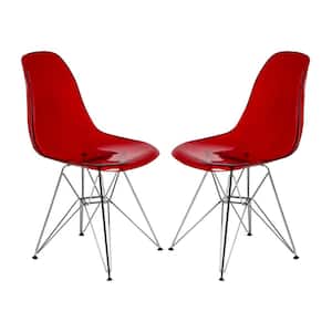 Cresco Modern Plastic Molded Dining Side Chair With Eiffel Chrome Legs Transparent Red Set of 2