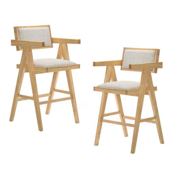 Benjara 26 in. Natural Brown and Beige Low Back Wood Frame Bar Stool with Fabric Seat (Set of 2)